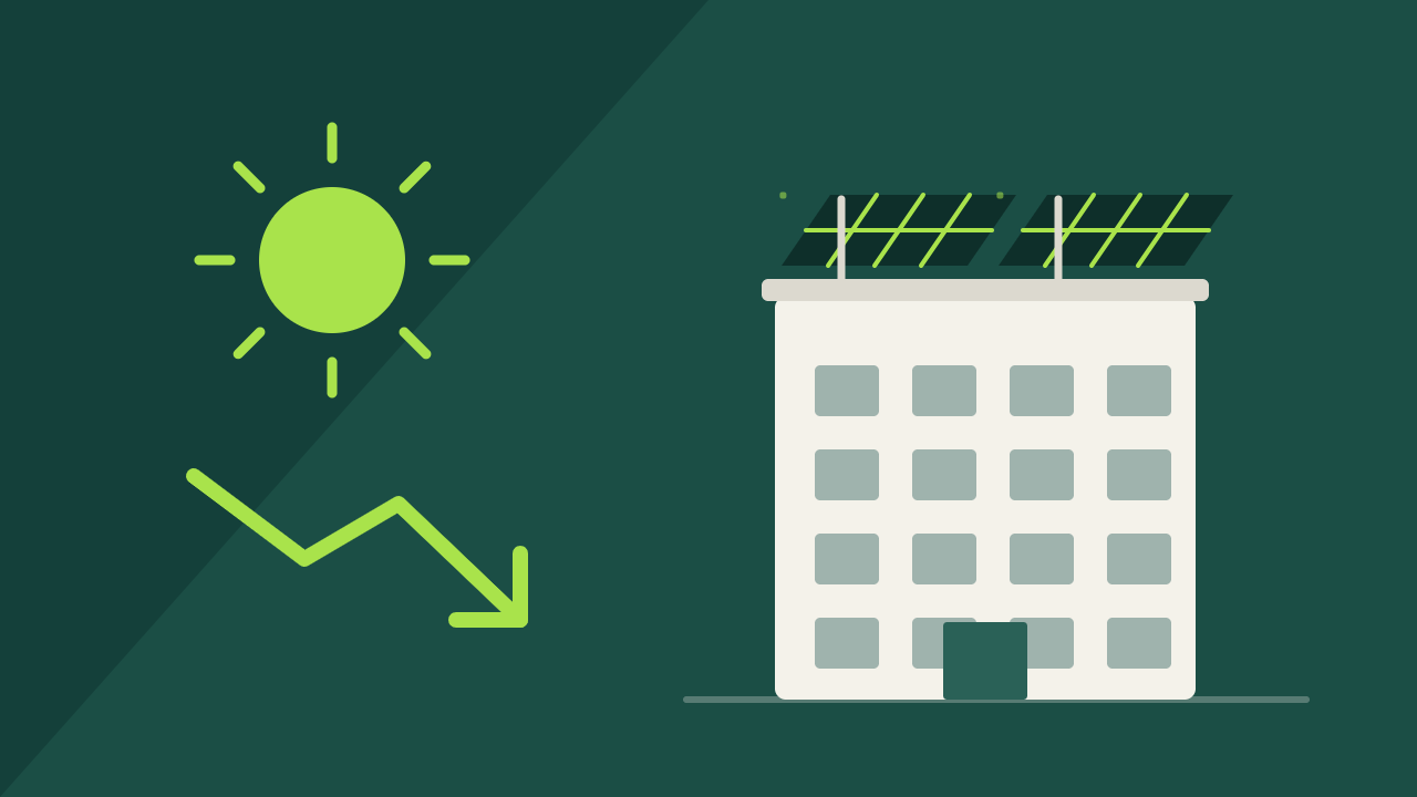 Prédio comercial com painéis solares no telhado — ilustração CasaWatt